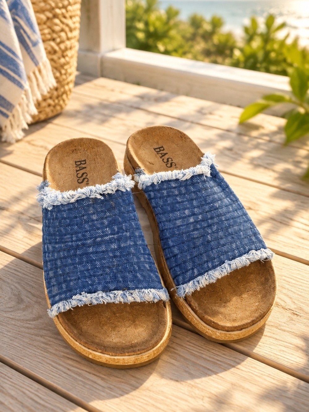 Bass Denim-Style Blue Frayed Slide Sandals for Women Size 7